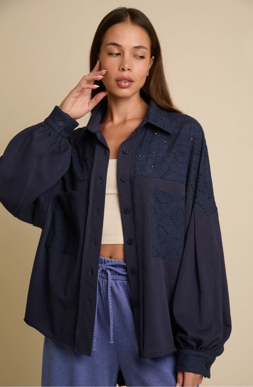 #244. Fantastic Fawn Navy Blue Eyelet Lace Contrast Shirt NWT